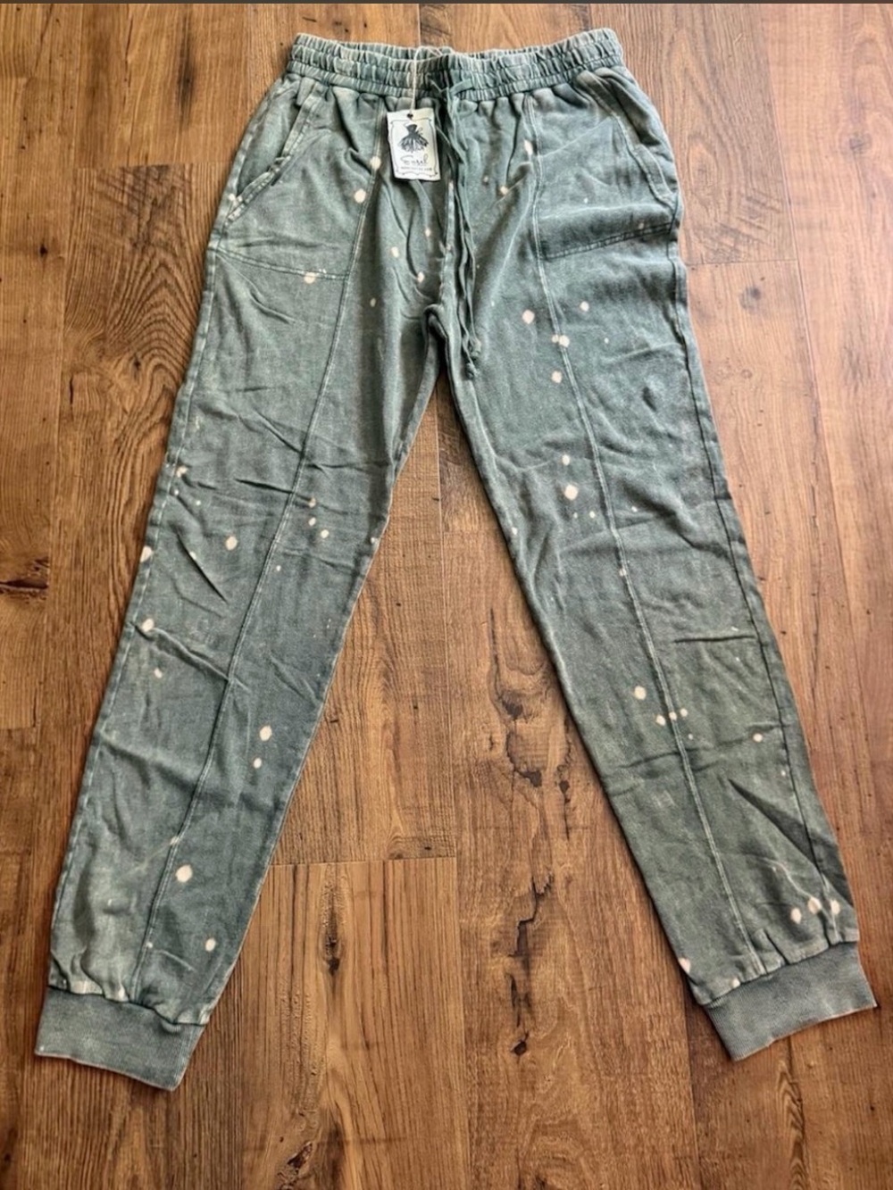 Women’s Green Jogger Pants with Bleach Splatter